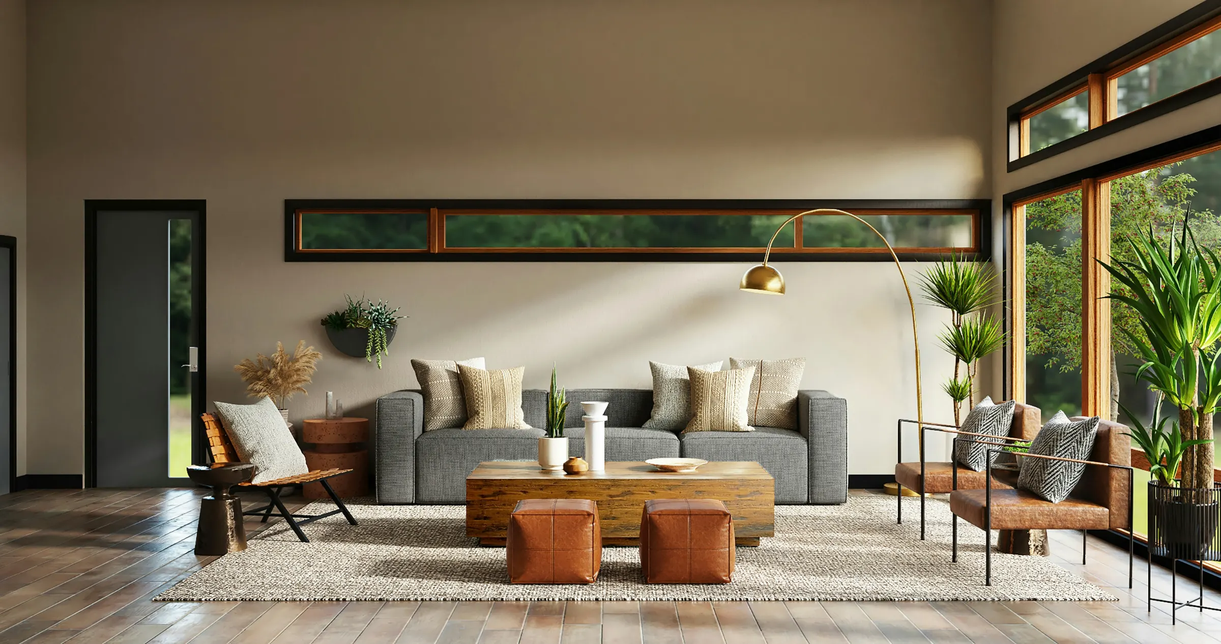 A warm, styled living room with Afro-fusion décor in soft natural light
